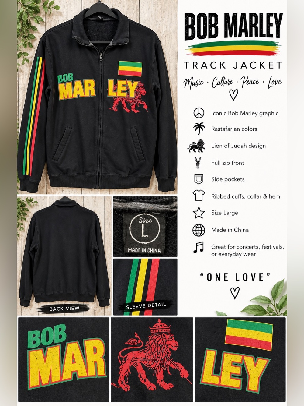 Bob Marley Rasta Lion of Judah Track Jacket Black Reggae Size L